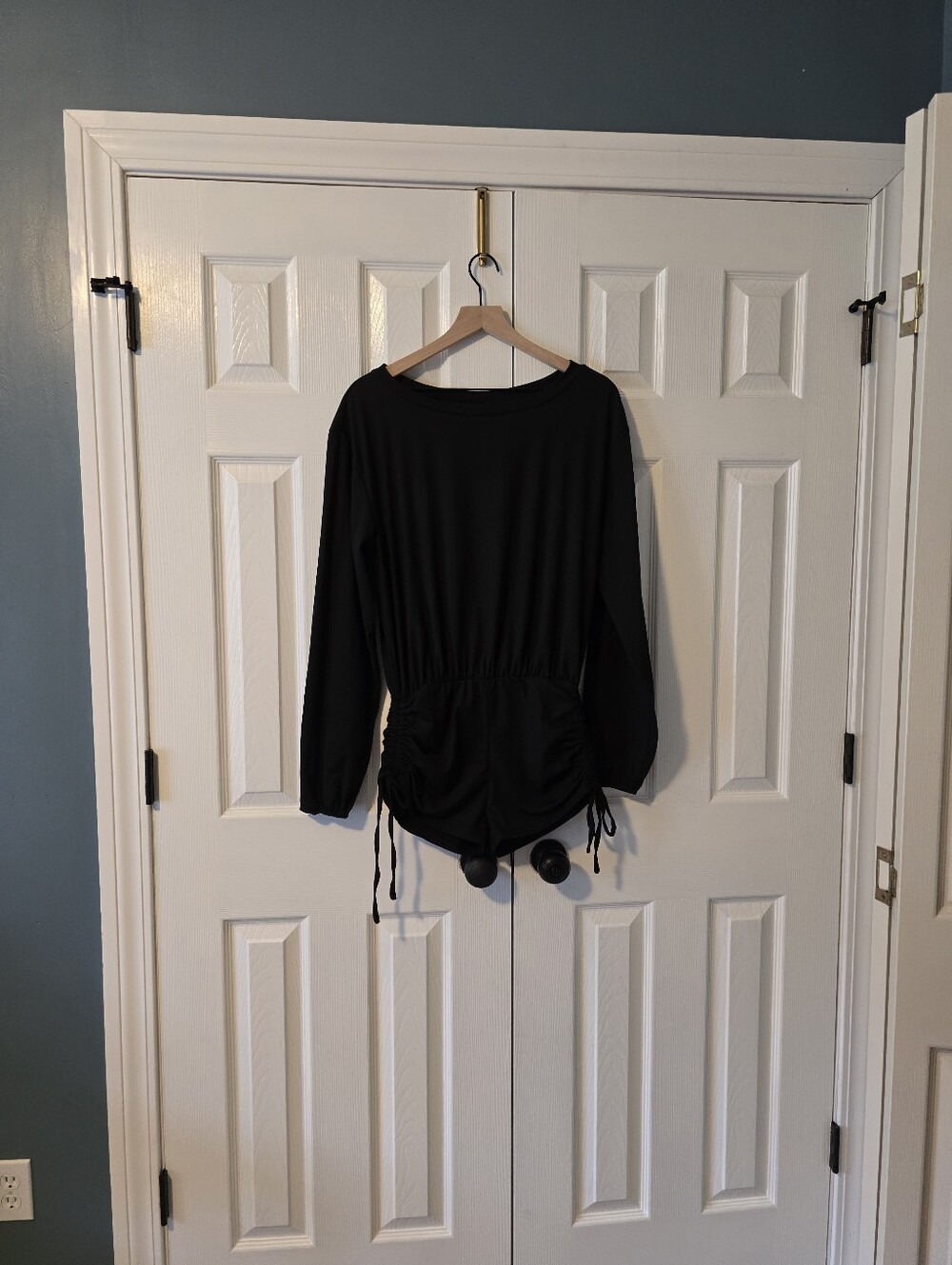 Black Long-Sleeve Ruched Drawstring Romper